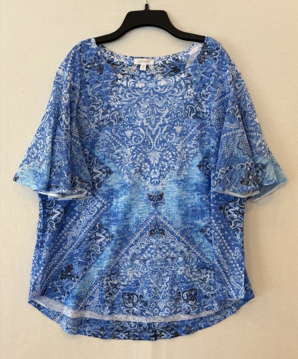 Concepts Shirt Womens XXXL 22 Blue Paisley Floral Rhinestone Flutter Sleeve Top